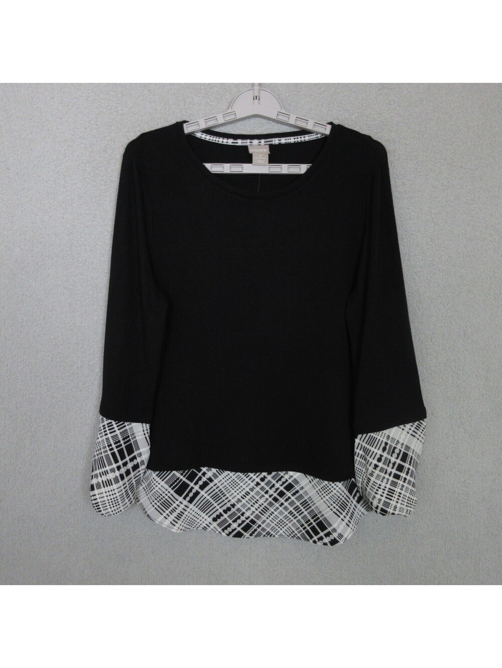 NWT Chico's Knit Top Womens 1P (US MP) Tunic Black w/Plaid Accents MSRP $75.50